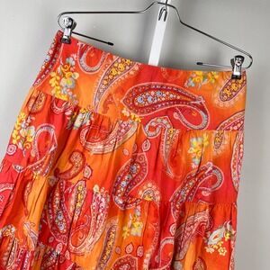 Chaps Tiered Midi Skirt Womens M Orange Paisley Floral Gypsy Peasant Pull On